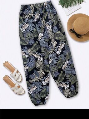 SHEIN Black Tropical Leaf Print Elastic Waist Jogger Pants